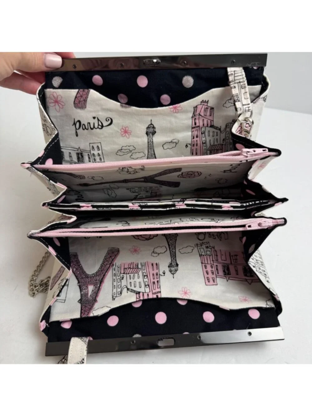 Handmade Clutch Small Shoulder Bag Purse Paris White Pink Glitter Fun Girly
